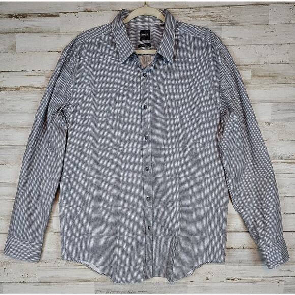 Hugo Boss XXL Lng Slv Button Up Shirt Slim Fit Stretch White Grn Burg Checkered - Picture 1 of 10